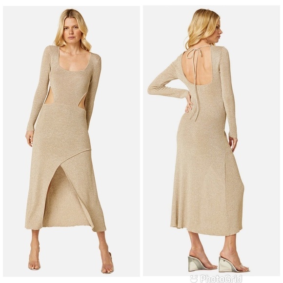 Misa Los Angeles Minka Gold Metallic Cutout Knit Asymmetrical Dress NWT!